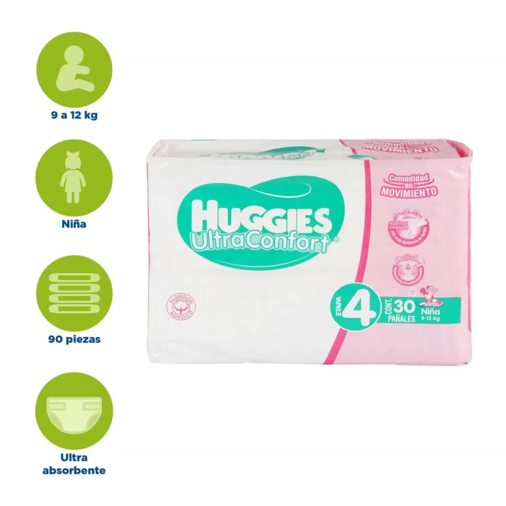 Pañales Etapa 4 Huggies UltraConfort Niña 90 pzas